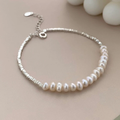 Pulsera de Plata de Ley S925 Con Perlas de Agua Dulce Para Mujer Diseño de Plata Rota Minimalista Joyería Elegante Regalo