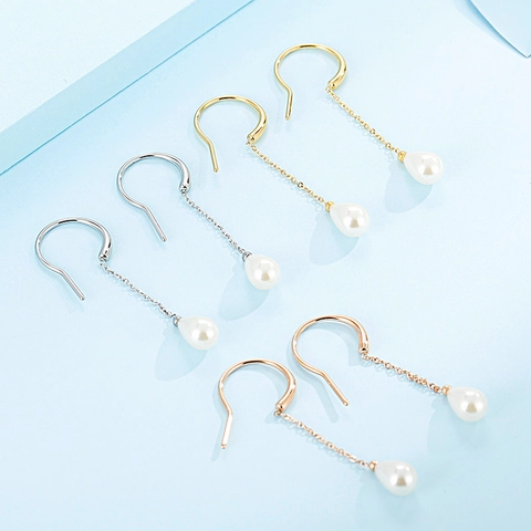 Stainless Steel Teardrop Shell Artificial Pearl Dangle Earrings Long Chain Hook Minimalist Elegant Fashion Jewelry For Women