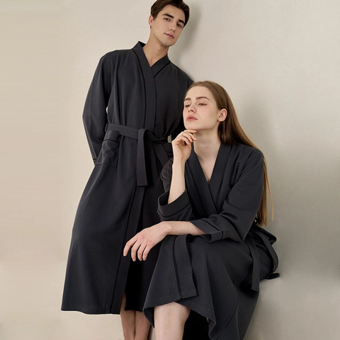 Waffle Weave Bathrobe Absorbent Long Sleeve Kimono V-Neck Sleepwear Loungewear For Couples Men Women Spa Hotel House Robe
