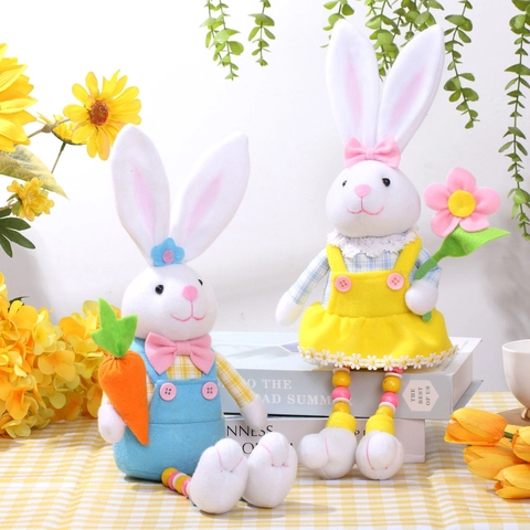 Muñeco De Peluche Conejo De Pascua Piernas Largas De Cuentas Con Zanahoria Flor Adorno De Escritorio Pastoral Primavera