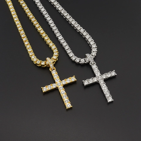 Collana Pendente Croce Iced Out Lega Strass Catena Tennis Gioielli Hip Hop Per Uomini Donne