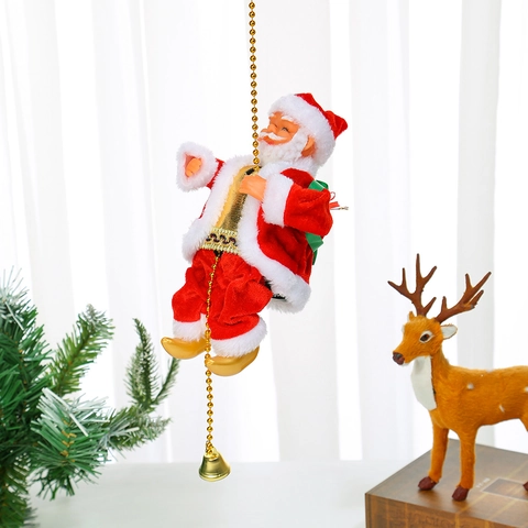 Electric Climbing Santa Claus On Gold Bead Chain With Music Christmas Hanging Ornament Holiday Decoration Figurine For Home Party Gift