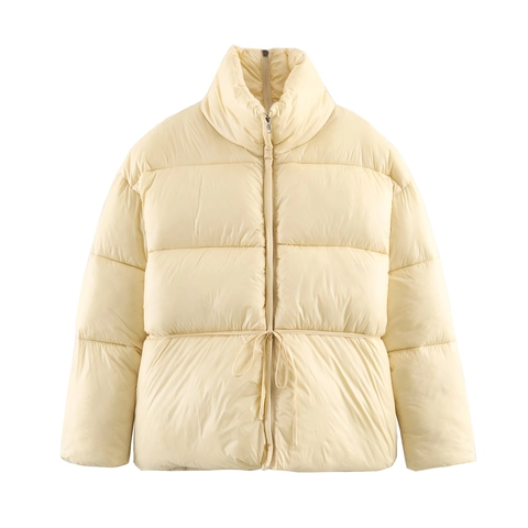 Dames Lichtgele Gewatteerde Pufferjas Polyester-Katoenmix Opstaande Kraag Halve Rits Taille Met Trekkoord Winterkleding
