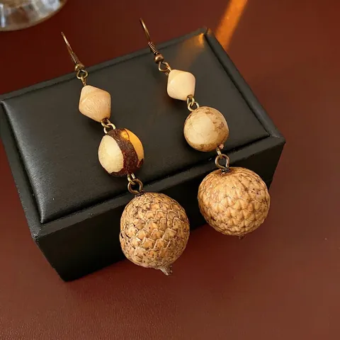 Pendientes Colgantes De Bellota Étnicos Vintage Cobre Semilla De Fruta Con Poste De Plata Joyería Estilo Bohemio Bosque