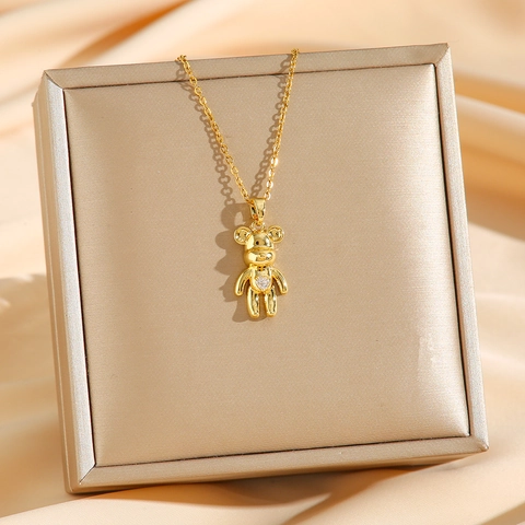 Simpatica Collana Con Ciondolo A Orsetto 3D In Acciaio Al Titanio Con Pietra In Zircone Scintillante Gioielli Di Moda Per Donne Ragazze