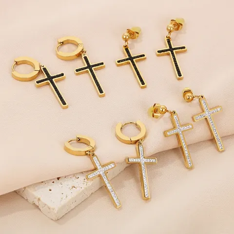Orecchini Pendenti A Croce In Acciaio Inossidabile Con Intarsio Di Zirconi Strass Gioielli Punk Gothic Per Donna Uomo