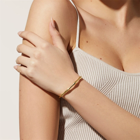 Bambus Gelenk Manschette Armband Edelstahl 18K Vergoldet Offener Armreif Vintage Mode Schmuck Für Damen