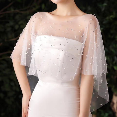 Élégant Châle de Mariée Blanc en Tulle de Polyester Avec Perles Artificielles et Strass Cape Faite à Main pour Femmes