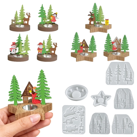 Moule En Silicone De Noël DIY Support De Bougie Base Inserts Décoratifs Renne Père Noël Bonhomme De Neige Arbre Résine