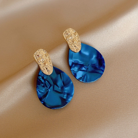 Vintage Water Drop Dangle Earrings With 925 Sterling Silver Earring Post Blue Acrylic Gold Tone Alloy Jewelry Women