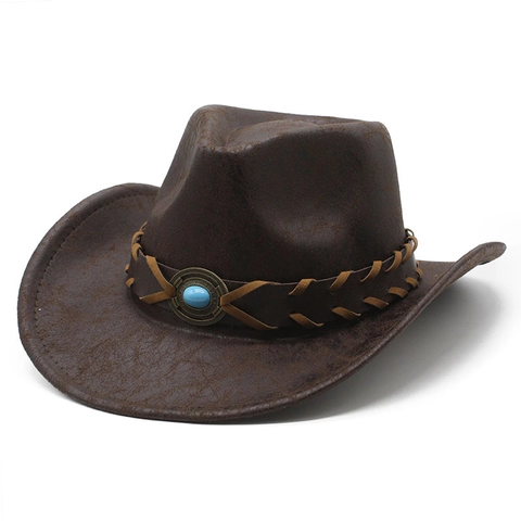 Western Cowboy Hat Vintage Distressed Faux Leather Turquoise Woven Band Wide Brim Outdoor Retro For Men Women