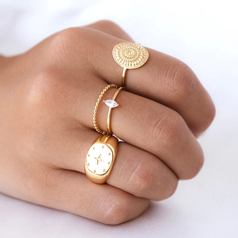 Retro Runder Siegelring Kupfer 18K Vergoldet Vintage Sonne Mandala Textur Punk Gothic Schmuck Unisex