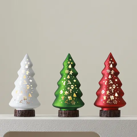 Christmas Tree Glass LED Light Ornament Tabletop Decoration With Hollow Reindeer Pattern For Holiday Party Home Decor