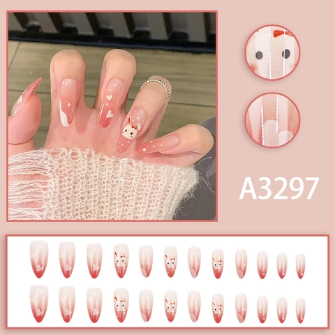 Unghie Finte Press On Sfumatura Rosa Bianco Lucido Forma Mandorla Con Disegno Coniglio Cartone Animato Cuore Stile Dolce Donna