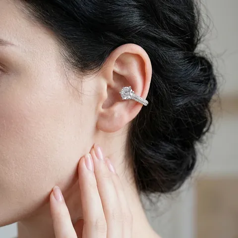 Round Zircon Ear Cuff Copper Ear Clip No Piercing Minimalist Luxury Geometric Fashion Jewelry For Women Silver Tone