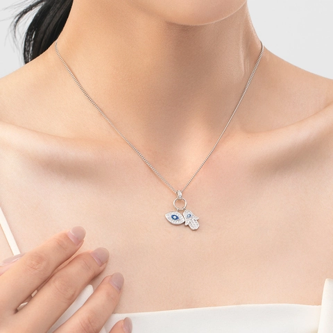 Collar con Colgante Ojo Malvado Mano de Fátima de Plata de Ley 925 para Mujer Esmalte Azul Diamante de Imitación Joyería de Moda