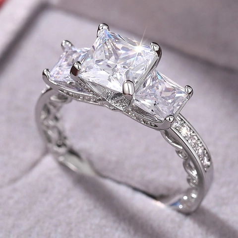 Women Square Princess Cut Ring Copper Zirconia Paved Three Stone Hollow Band Engagement Wedding Style Silver Color Jewelry
