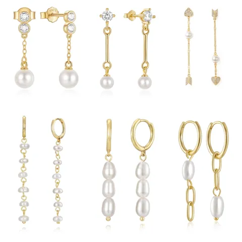 Orecchini a Nappa in Perla con Cuore e Freccia Asimmetrici in Argento Sterling 925 Eleganti Orecchini Pendenti Oro Argento Zirconia Donna