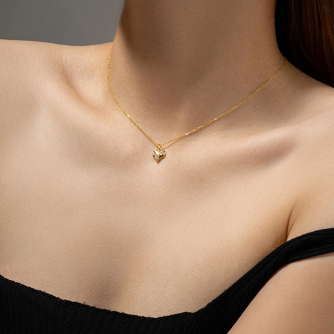 Collana con Pendente a Cuore in Argento Sterling 925 Catena per Clavicola con Strass Intarsiati Minimalista Gioielli da Donna