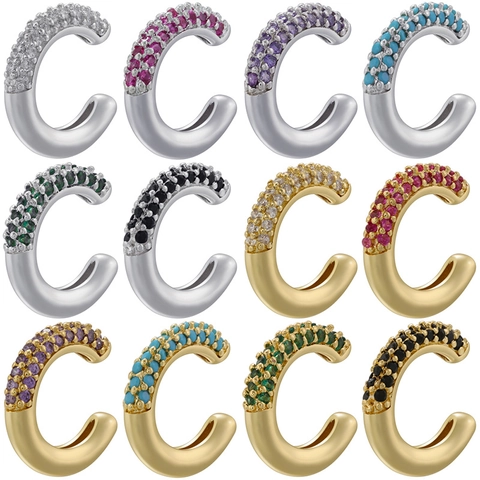 Trendy C-Shaped Ear Cuff Copper 18K Gold Plated Micro Pave Colorful Cubic Zirconia Non Pierced Clip On Jewelry For Women
