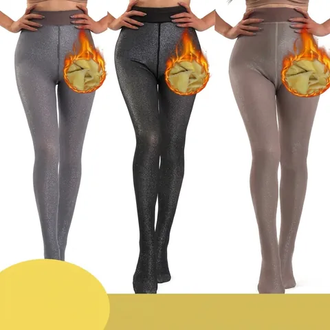 Women Fleece Lined Tights Shiny Metallic Satin Thermal Winter Pantyhose High Waist Tummy Control Translucent Elastic