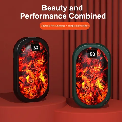 Portable Electric Hand Warmer With Charcoal Flame Effect LED Display Digital Power Bank Rechargeable Pocket Heater Atmosphere Lamp Winter Gift
