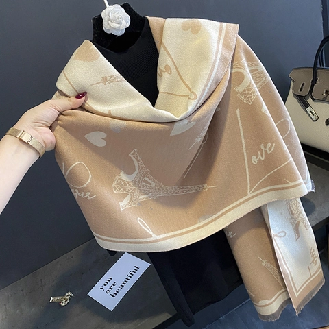 Women's Cashmere-Like Viscose Scarf Warm Winter Shawl Eiffel Tower Heart Pattern Tassel Long Scarf Fashion Wrap For Daily