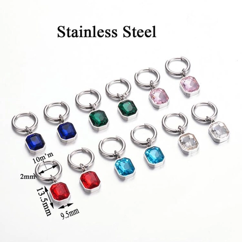 Stainless Steel Crystal Glass Pendant Hoop Earrings French Style Geometric Rectangle Emerald Cut Fashion For Women
