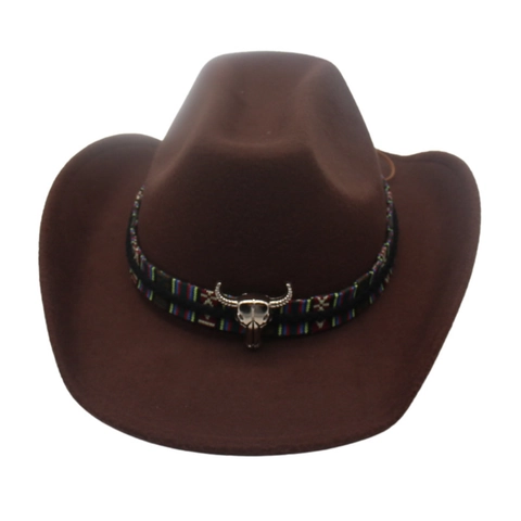 Vintage Western Cowboyhut Für Damen Herren Polyester Filz Fedora Ethno Webband Stierkopf Deko Breite Krempe Outdoor Sonnenhut