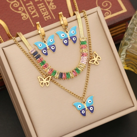 Collana Farfalla A Doppio Strato In Acciaio Inossidabile Ciondolo Malocchio Gioielli Con Zirconi Colorati Per Donna Moda