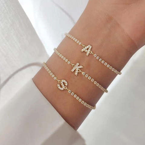 Initial Letter Tennis Bracelet Gold Plated Stainless Steel Cubic Zirconia Adjustable Slider For Women Fashion Accessory