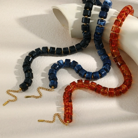 Halskette Und Armband Mit Zylindrischen Perlen Aus Acryl Mit Marmormuster Und Edelstahl Minimalistischer Retro-schmuck Für Damen