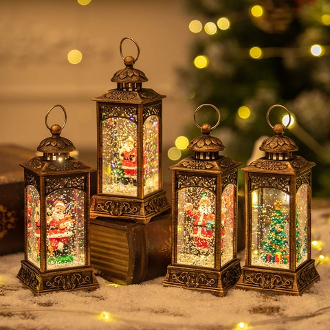 Weihnachten Vintage Schneekugel Laterne LED Wasser Treibend Glitzer Weihnachtsmann Schneemann Baum Schreibtisch Dekoration PVC
