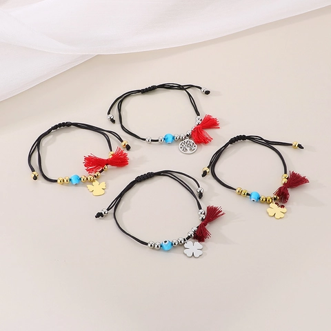 Handgemachtes Geflochtenes Kordelarmband Mit Edelstahl Anhänger Evil Eye Perle Rote Quaste Verstellbarer Boho Schmuck Damen