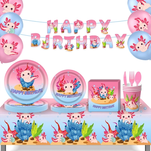 Axolotl Thema Verjaardagsfeest Decoratie Papieren Servies Cartoon Roze Blauw Banner Ballon Voor Kinderen Viering