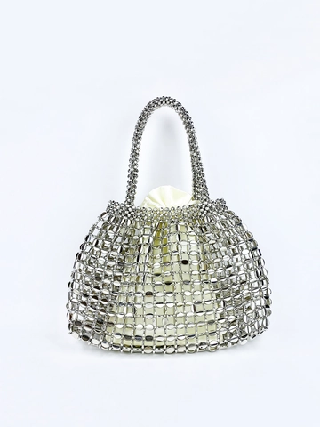 Bolso De Mano Para Mujer De Lentejuelas Metálicas Hueco Tejido A Mano Bolso De Perlas Brillantes Con Forro Con Cordón