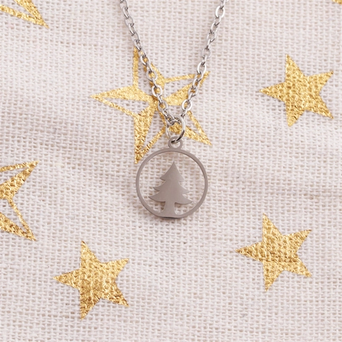 Christmas Tree Pendant Necklace Stainless Steel Hollow Pine Design Minimalist Jewelry For Women Holiday Gift