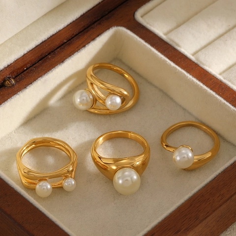 Franse Retro Ring Met Imitatieparels Voor Dames 304 Roestvrij Staal Verguld Minimalistisch Geometrisch Ontwerp