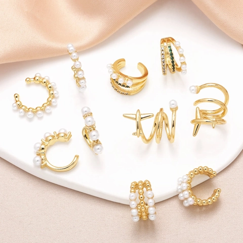 Boucles D'oreilles Ear Cuffs Cuivre Plaqué Or 18K Zircon Künstliche Perle Imitation Forme C Bijoux Mode Femme