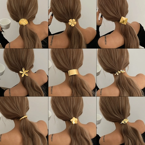Gomas Para El Pelo Geométricas De Metal Soporte Coleta Flor Concha Cuerdas Para El Pelo Minimalistas Elegantes Para Mujeres