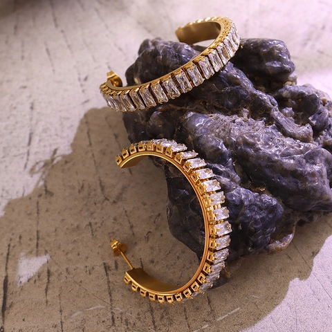 C-Form Ohrringe Titanstahl 18K Vergoldet Rechteck Zirkon Eingelegt Französisch Ins Stil Vintage Luxus Schmuck Für Damen