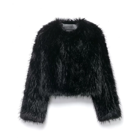 Chaqueta De Piel Sintética Para Mujer Abrigo Corto Cuello Redondo Manga Larga Color Sólido Elegante Informal Negro