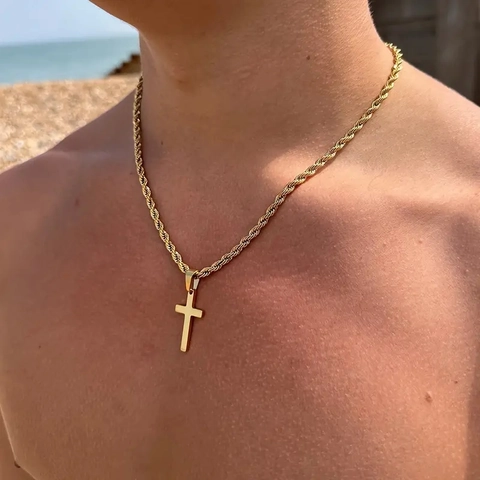 Collar Con Colgante De Cruz Con Cadena De Cuerda De Acero Inoxidable Y Crucifijo De Aleación Joyería Religiosa Hip Hop Para Hombres
