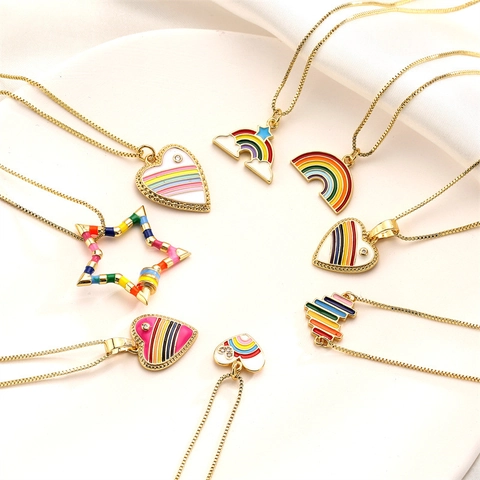 Copper Colorful Zircon Rainbow Heart Pendant Necklace For Women Enamel Star Cloud Clavicle Box Chain Fashion Jewelry