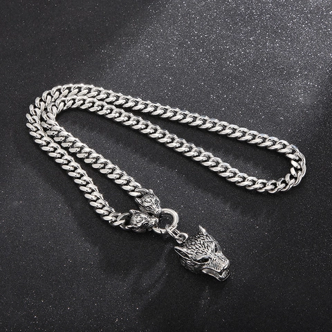 Wolf Head Necklace And Bracelet 316L Stainless Steel Cuban Chain Punk Gothic Biker Jewelry For Men