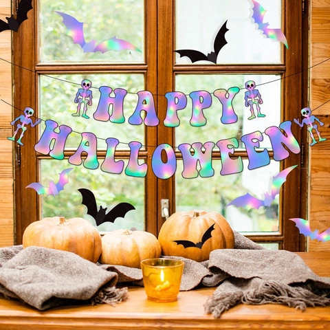 Halloween Banner Fledermaus Aufkleber Holographisches Laserpapier Party Deko Geisterhaus Wanddekoration Totenkopf Elemente