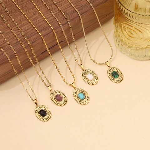 Collier Pendentif Pierre Naturelle Ovale Vintage Acier Inoxydable Géométrique Plaqué Or Pour Femmes
