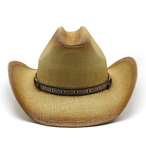 Men Western Cowboy Straw Hat Wide Brim Sun Protection Ethnic Band Panama Summer Beach Travel Breathable Paper Woven