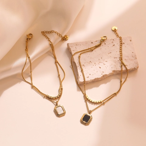 Luxury Stainless Steel Double Layered Bracelet For Women Gold Plated Snake Chain Square Bead Geometric Zirconia Pendant
