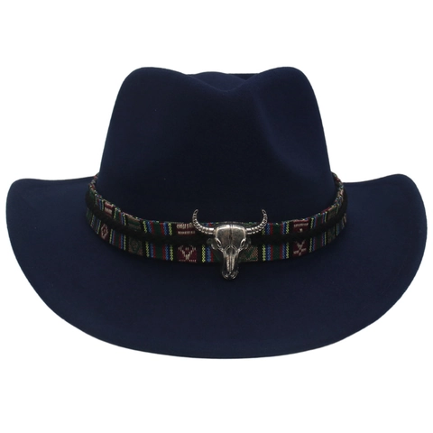 Western Cowboy Hat Wool Felt With Bull Head Skull And Ethnic Woven Band Retro Fedora For Outdoor Adventure